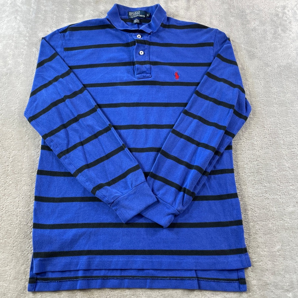 Polo Ralph Lauren Rugby Shirt Mens Medium Blue Black Striped Long Sleeve Preppy